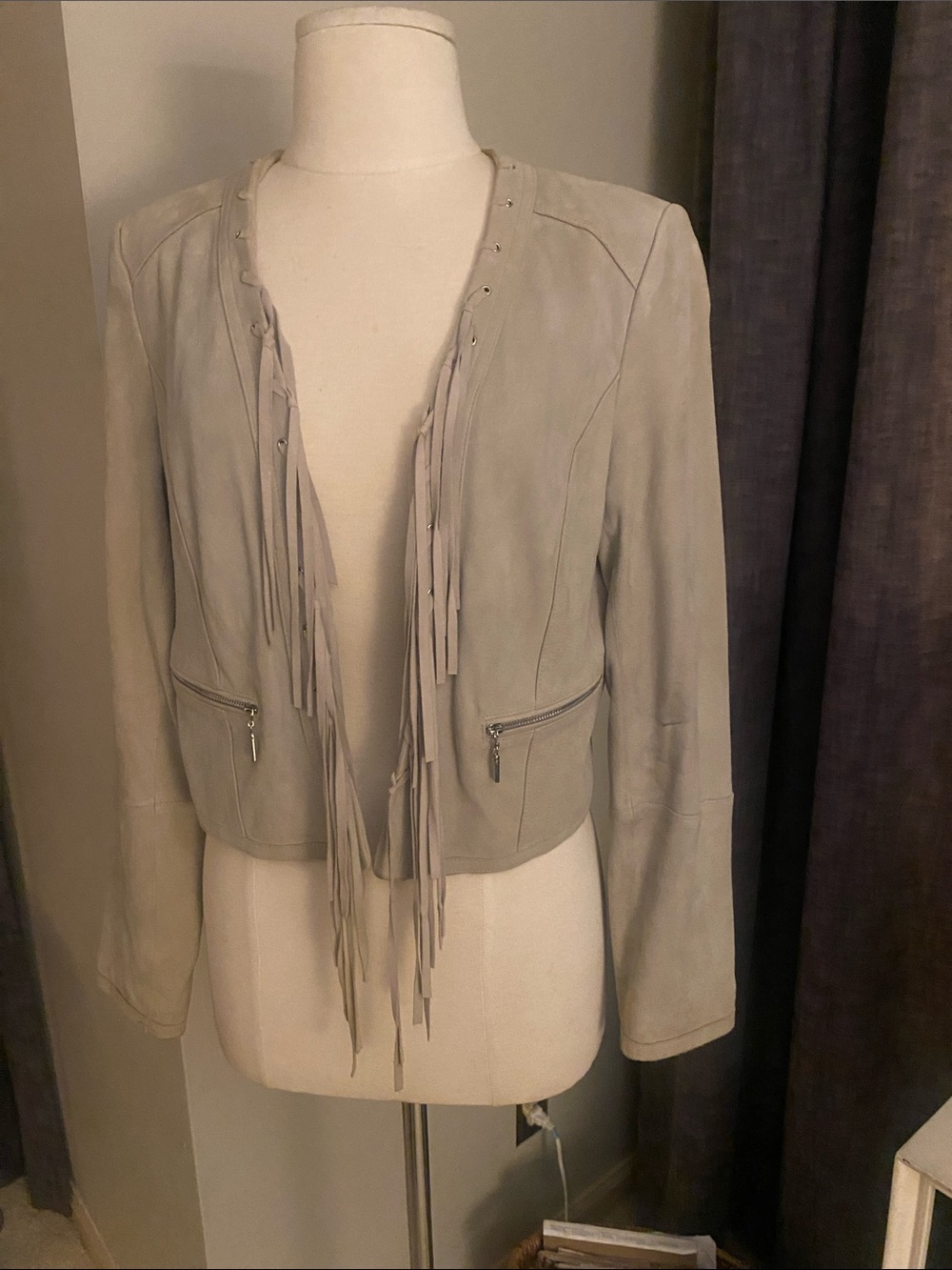 White House Black Market Light Gray Suede Fringe Leather Jacket